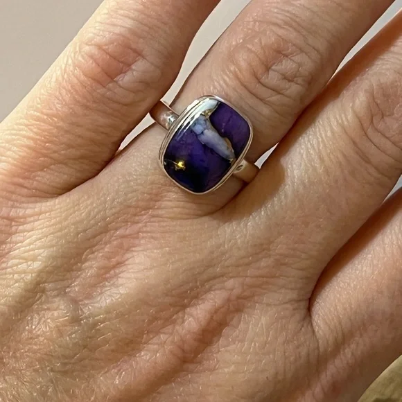 SOLID 925 SILVER PURPLE DAHLIA COPPER SPINY TURQUOISE GEMSTONE RING SIZE 8.25 - Picture 7 of 9